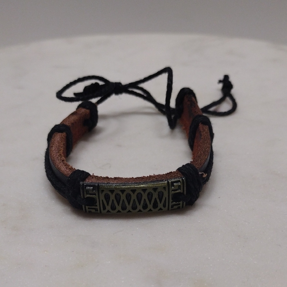 Wavy Loop Design Bronze Color Black Leather Adjustable Bracelet #BA-2
